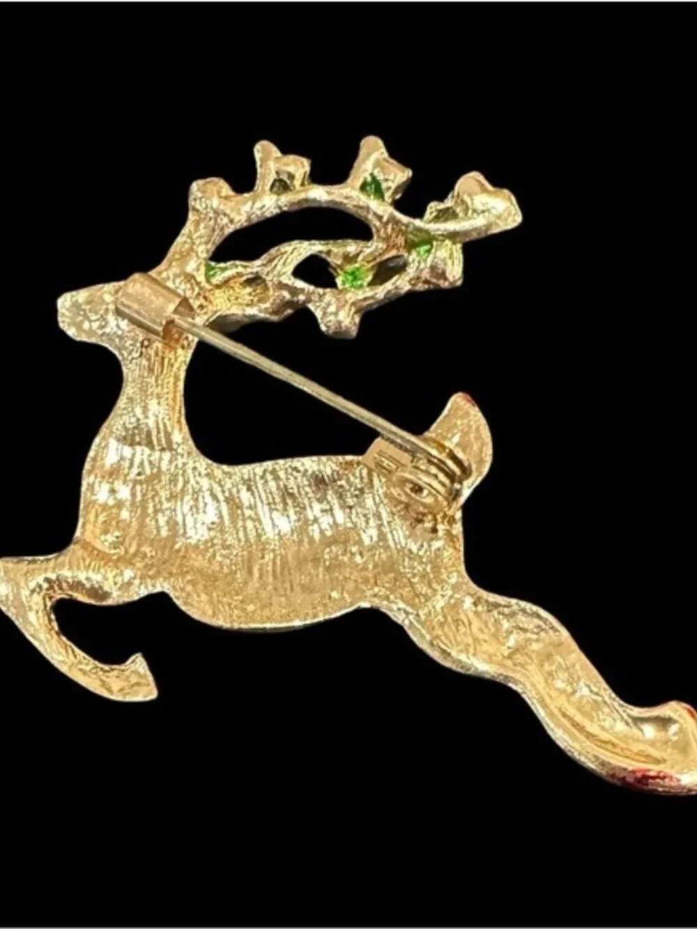 Gold-Tone Rhinestone Reindeer Christmas Brooch With Red & Green Accents Holiday
